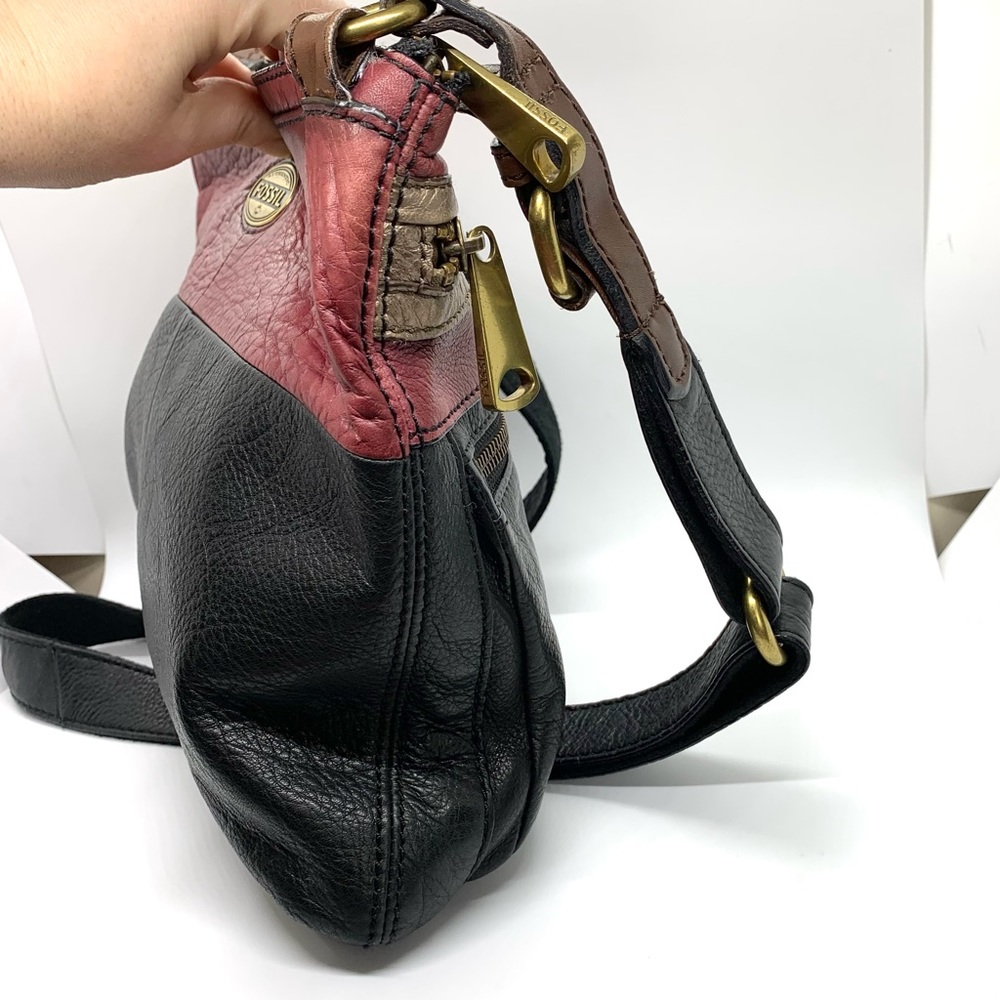 Vintage Fossil Black Burgundy Explorer Leather Patchwork Crossbody Bag - Picture 12 of 16